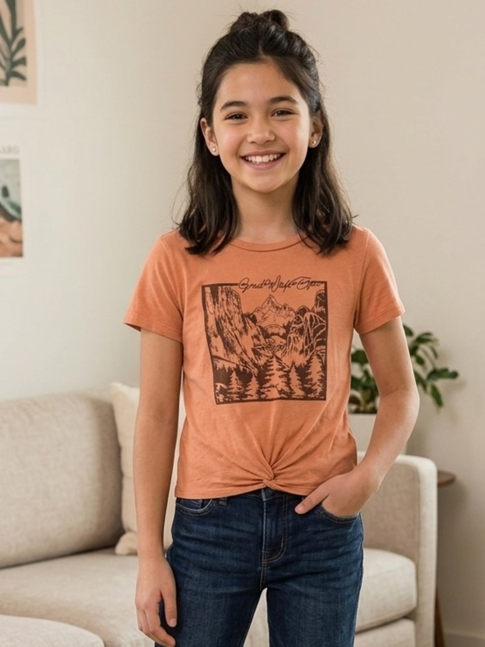 Girls' Rust Graphic Knot-Front Short Sleeve Tee